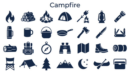 Collection of camping and outdoor adventure icons representing campfire gear, shelter, navigation, and nature elements for travel and leisure themes © Iconique Studio