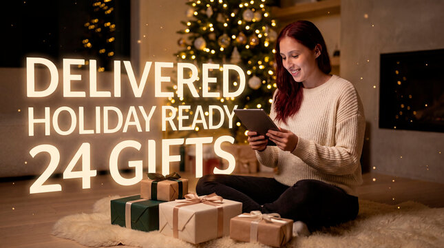 Woman seated on rug grinning at tablet beside glowing delivered holiday ready 24 gifts text