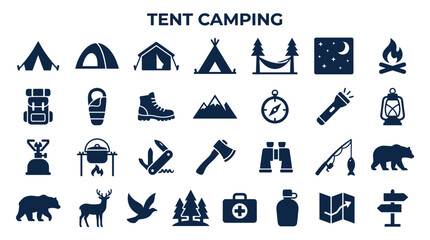 Fototapeta premium Collection of Camping and Outdoor Adventure Icons Representing Nature Exploration and Recreational Activities