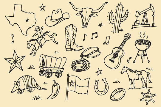 Texas Western Icon Set Sketch Doodle Vector Illustration