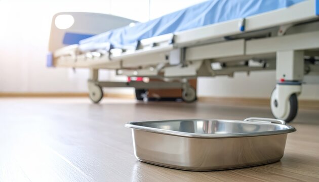 New Stainless Steel Bedpan Placed Under a Hospital Bed Ready for Patient Care