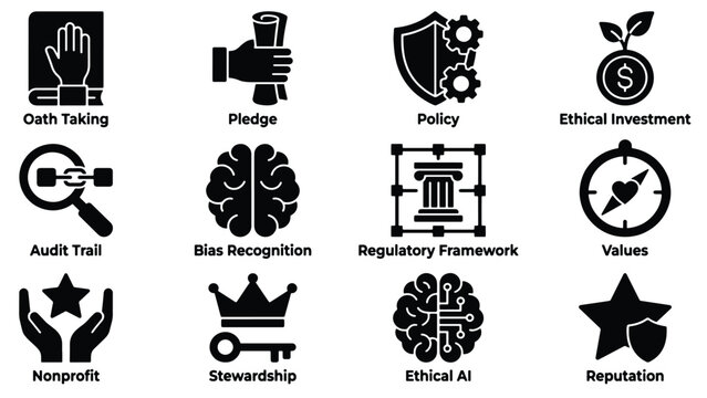 Ethics and compliance icon set for governance, regulatory frameworks, audit, stewardship, and responsible AI policy design
