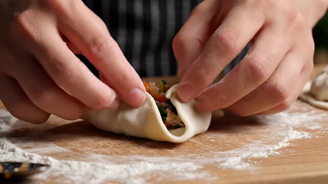 Closeup of hands preparing delicious dumplings by filling and folding dough.