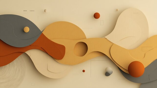 Interlocking layers of warm and cool toned paper-cut style shapes create a dynamic horizontal composition.