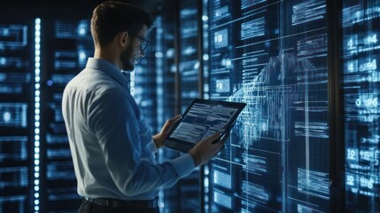 Fototapeta premium Man holding tablet in server room datacenter.