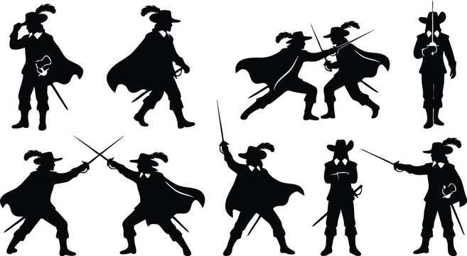 Musketeer Silhouettes Sword Fighting, Action Poses, Vector Illustration