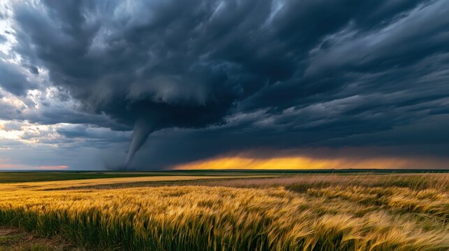 A turbulent tornado cloud looming above a swaying golden grain field during a moody, dramatic sunset in a vast prairie landscape.