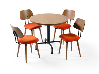 Fototapeta premium Modern dining or cafe set featuring a round wooden pedestal table surrounded by four matching chairs with orange fabric seats and wooden backs, isolated on a white background.