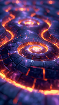 Geometric neon spiral labyrinth arranging into complex spiral labyrinth of brilliantly glowing geometric neon, spiral labyrinth complexity creates visually captivating and disorienting effect.