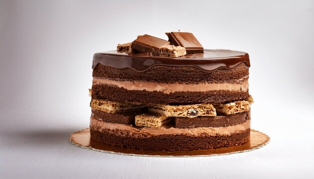 b a show stopping dessert with alternating layers of fluffy chocolate cake and crunchy daim bars all encased in a rich dark chocolate exterior on a white background