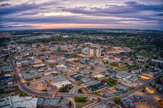 Aerial View of downtown Red Deer, Alberta during Summer Dusk