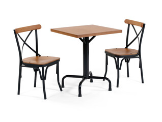 Fototapeta premium Small restaurant or cafe set consisting of a square wooden top table with a black metal pedestal base and two matching wooden cross-back metal chairs, isolated on a white background.