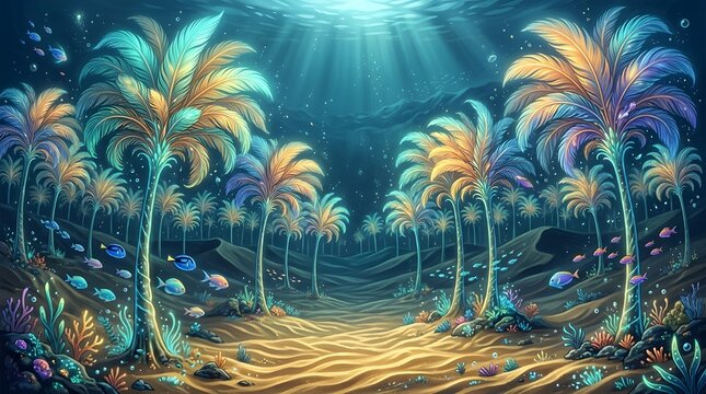 Underwater scene with palm trees and colorful fish