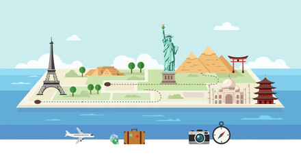 World Travel Map with Famous Landmarks and Transportation Icons © Resna