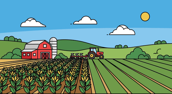 Farm landscape with tractor cultivating cornfield and barn