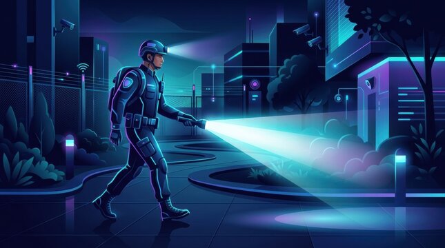 A security guard walks through an urban area at night, using a flashlight to scan the environment while surveillance cameras are positioned around.