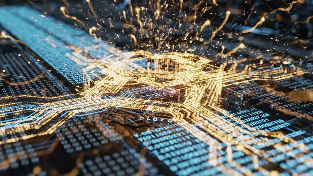 Futuristic circuit board with binary code highlighting artificial intelligence and digital evolution