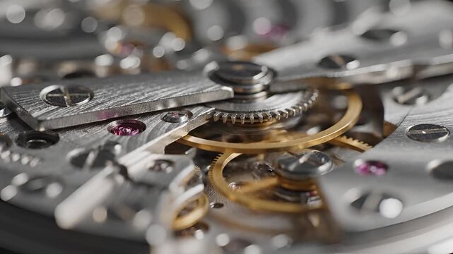 Macro View of Intricate Watch Mechanism Gears and Springs in Motion.