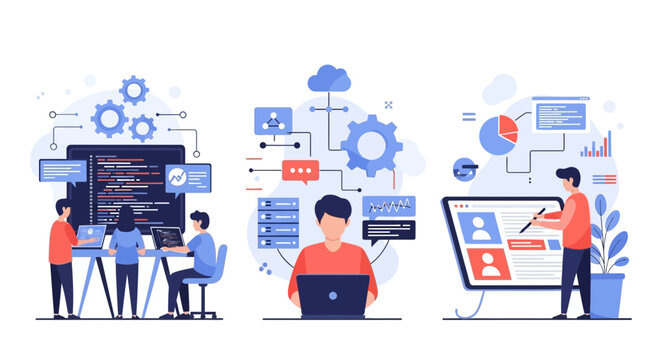 Teamwork in coding, data analysis, and project management illustration