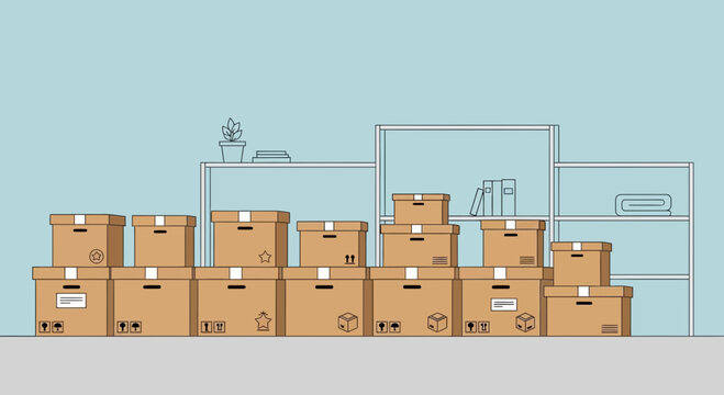 Moving Boxes Stacked High In A Room With Shelves, Ready For Relocation