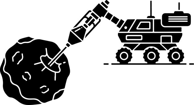 Space drilling, asteroid mining, robotic arm, spacecraft, black and white vector