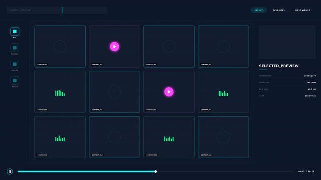 Dynamic motion of digital interface with glowing purple and teal elements showcasing futuristic technology and data visualization in a sleek modern style.