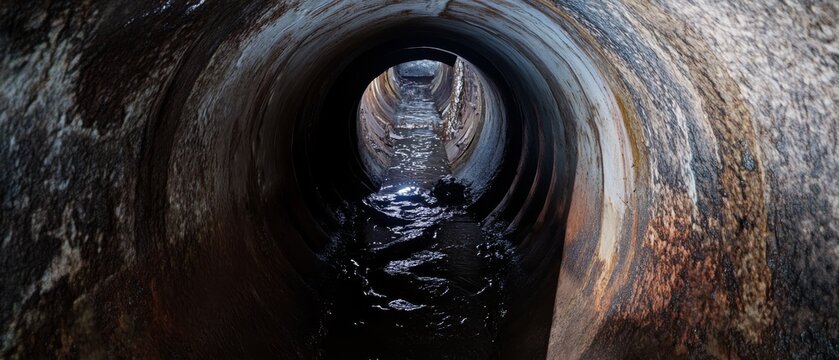 View inside a sewer pipe showing flowing water and rough walls taken during a daylight hour in an urban area