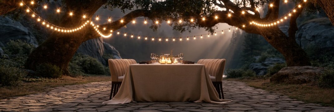 Romantic outdoor dining table set with string lights under large trees at sunset