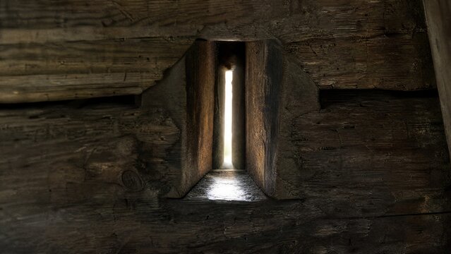 blockhouse. Close-up of a narrow arrow slit in a wooden wall, a single beam of light shining through, detailed wood. real-estate listings.