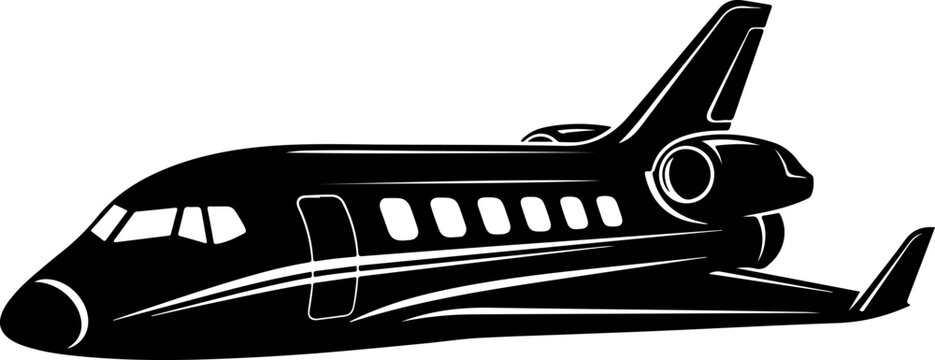 Black airplane, private jet, aircraft icon, silhouette illustration, vector plane