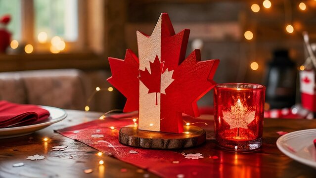 holder. Cozy Canada Day table with maple leaf centerpiece and candle. symbolizing life milestones and joyful moments.