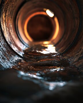 Exploring the view inside a dark pipe with water flowing and light shining at the end