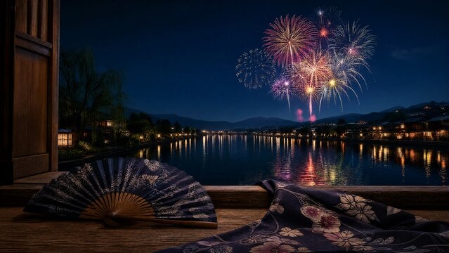 yukata. Folded fan and yukata sleeve on doorstep with fireworks over Sumida River, Tokyo summer celebration. event programs, museum guides, designed for cultural heritage projects and event programs.