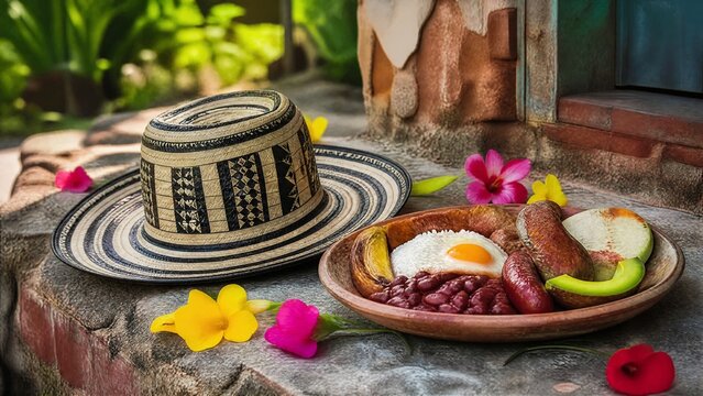 colombian. Sombrero vueltiao and bandeja paisa on stone doorstep, Colombian heritage concept. event programs, museum guides, designed for cultural heritage projects and event programs.