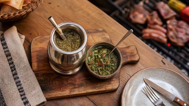 bombilla. Mate gourd and chimichurri on cutting board, Uruguayan asado dining concept. menu design, packaging mockups, designed for culinary blogs and recipe cards for restaurants.