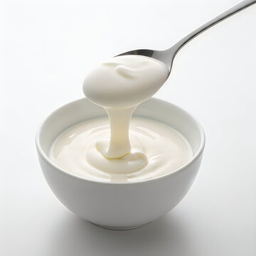 Spoonful of creamy yogurt in a white bowl