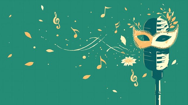 Teal background with vintage microphone, masquerade mask, musical notes, piano keys and golden leaves. Flat design illustration for opera night, karaoke event, music festival invitation