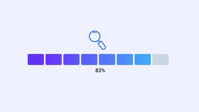 Animated search progress indicator with magnifying glass icon, segmented loading bar, and percentage display. Clean flat motion graphic for data scanning, search process, analysis, and information ret