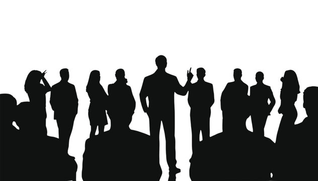 Businessmen and businesswomen gather for a corporate presentation where a leader points to convey key information to the attentive team within a professional office environment for team development.