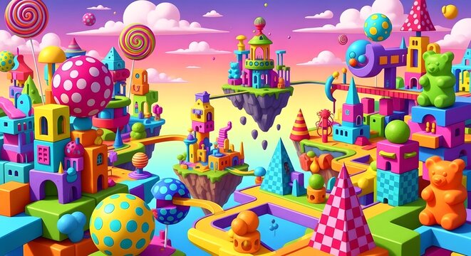 Candy city rises from floating islands made of colorful building blocks and sweet treats in a dream world.