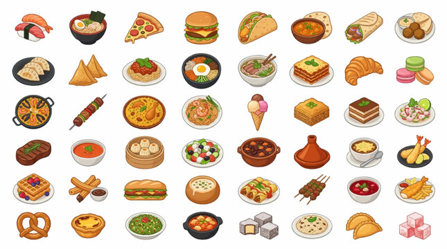 World Cuisine Food Vector Icons Set - Sushi, Ramen, Pizza, Burger, Taco, Paella, Kebab, Dim Sum and World Dishes Icon Pack