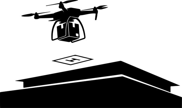 Drone, helicopter, aerial vehicle, silhouette, landing pad, roof, black and white