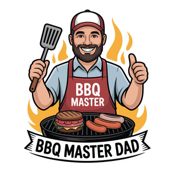 Smiling bbq master dad grilling burgers