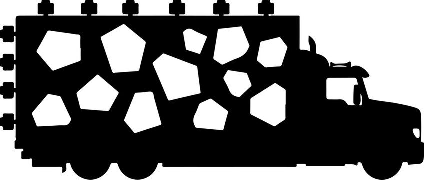 Black truck silhouette, cargo truck vector, stone pattern trailer, transportation illustration