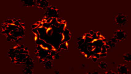 Bright red glowing microparticles resemble dangerous viruses floating in a dark space. The illustration evokes a tense atmosphere of science fiction and biological threat. © Viktor