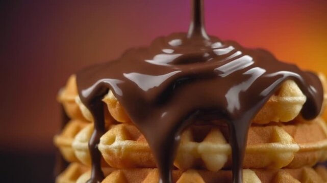 Macro video of glossy chocolate cream drizzling onto a stack of golden waffles, with high contrast colorful background