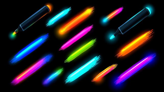 Dry Brush Neon Multicolor Paint Stroke Set On Black Background