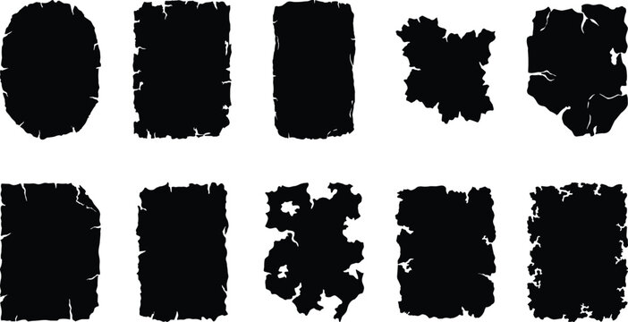 Collection of Abstract Black Grunge Frames and Torn Paper Shapes with Distressed Textures, Perfect for Vintage Design Elements and Creative Backgrounds