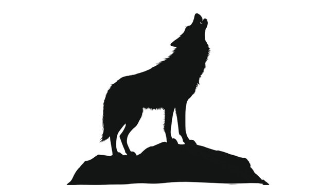 Wolf howling at the moon in a classic silhouette pose stands proudly on a rocky outcrop, creating a dramatic and atmospheric composition that evokes the raw essence of the deep wilderness tonight.
