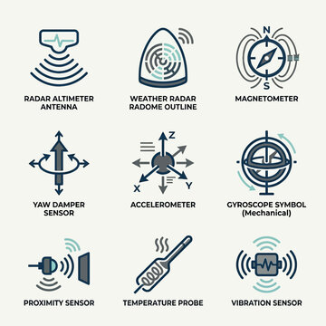 Collection of electronic sensor and measurement device icons.